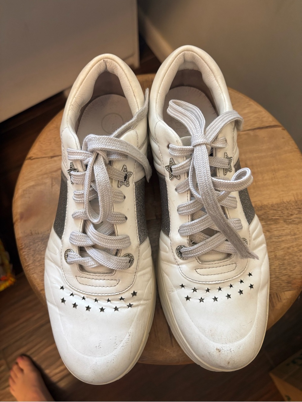 Jimmy Choo Hawaii sneakers white leather  silver glitter star Designer 40 $600 - Picture 2 of 11